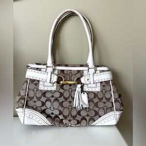 Coach Vintage Hampton Satchel with Signature Canvas and White Leather Trim